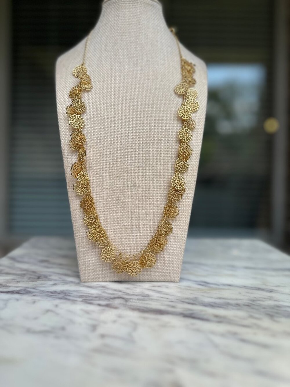 Talbots Floating Flower Floral Filigree Charm Long Necklace Gold Tone